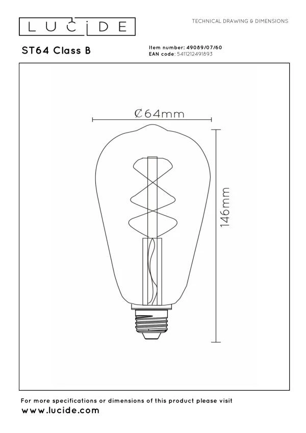 Lucide ST64 Class B - Filament bulb - Ø 6,4 cm - LED Dim. - E27 - 1x7W 2700K - Transparant - technical